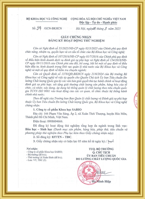 CHỨNG NHẬN ĐĂNG KÝ HOẠT ĐỘNG THỬ NGHIỆM HÓA HỌC, SINH HỌC