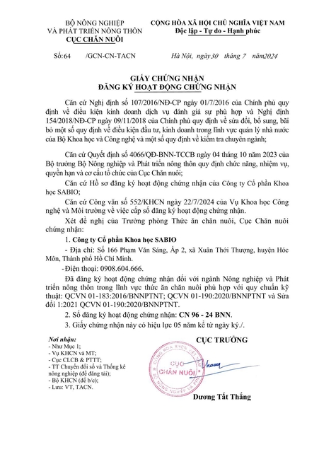Sabio - Giấy chứng nhận: Đăng ký hoạt động chứng nhận Hợp quy lĩnh vực thức ăn chăn nuôi